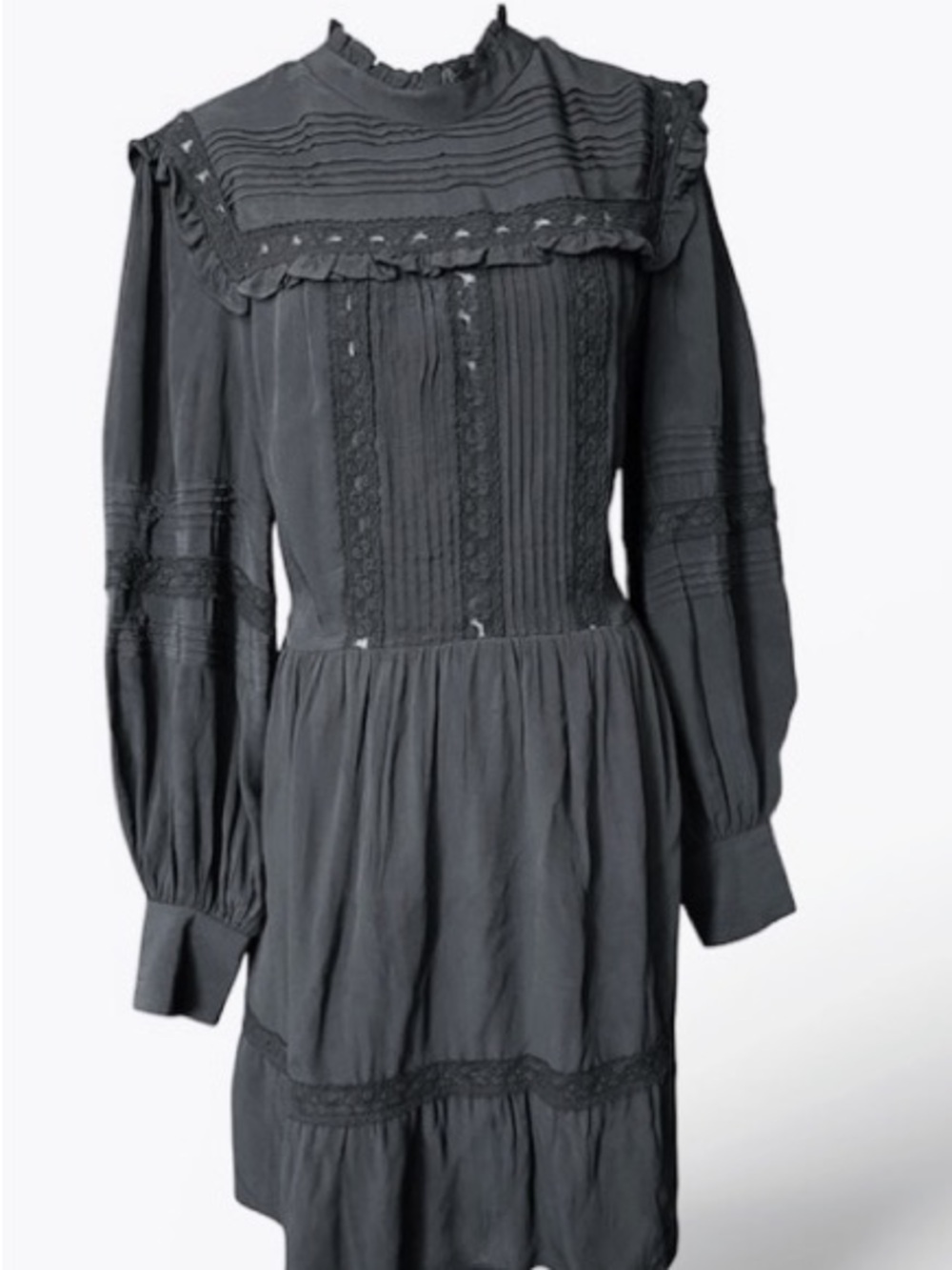 Topshop Black Long-Sleeve Lace Trim Pintuck Dress with zip up side.